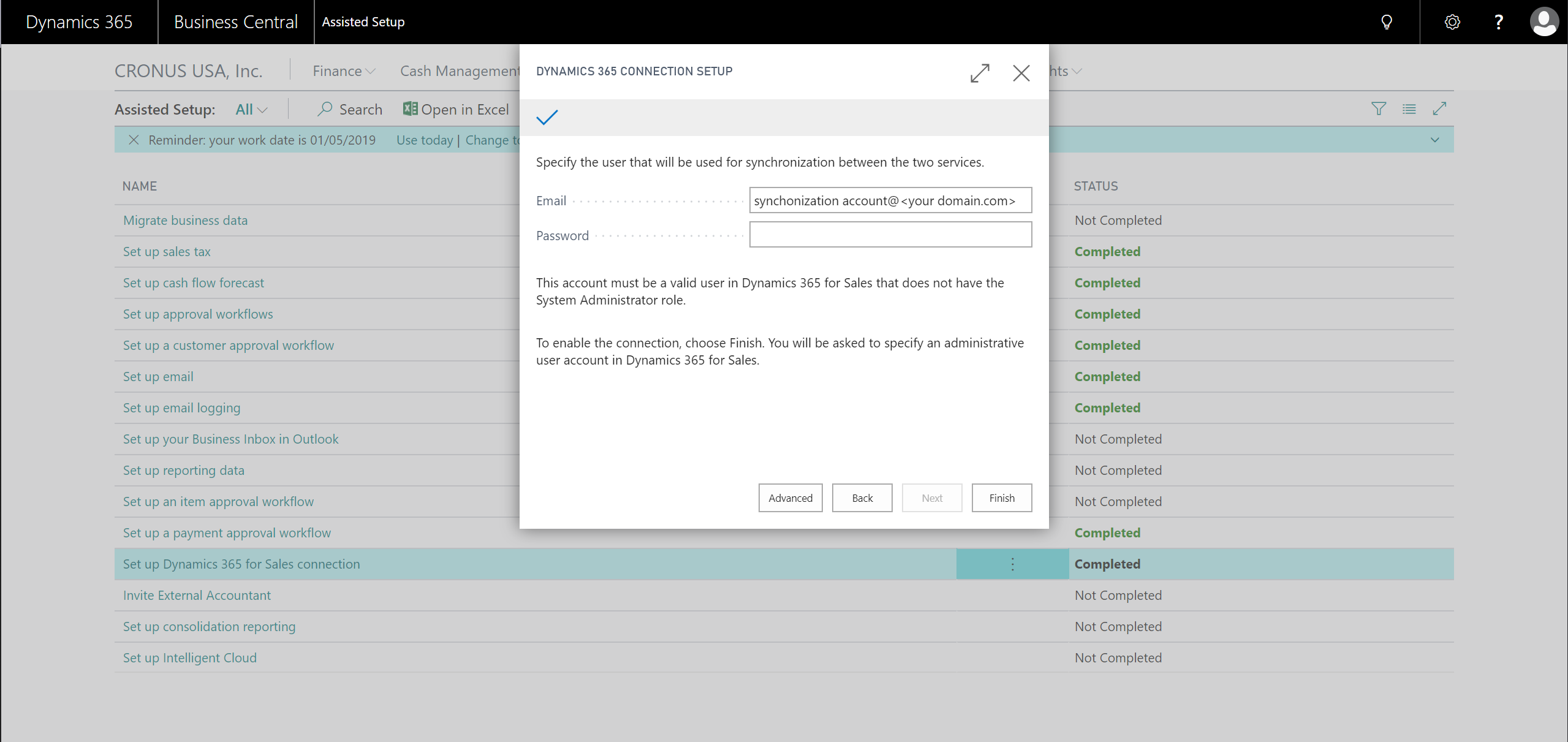 Visualization assisted setup wizard page showing place to enter synchronization user credentials Assisted setup guide showing place to enter synchronization user credentials